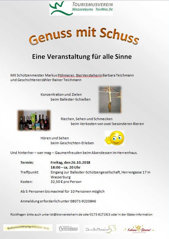 Genuss mit Schuss in Wasserburg. Mit Geschichtenerzähler Rainer Teichmann Lebenssterne und der Bierversteherin Barbara Teichmann. Im Herrenhaus mit der Ballesterschützengesellschaft.